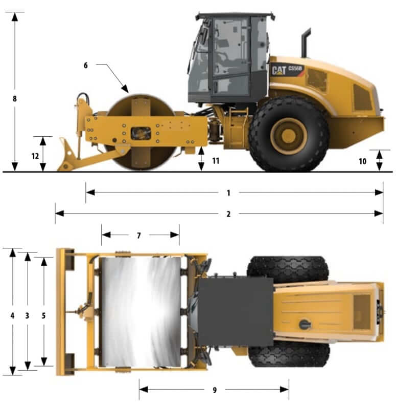 Вес и размеры виброкатка CAT CS56B (с отвалом и без)