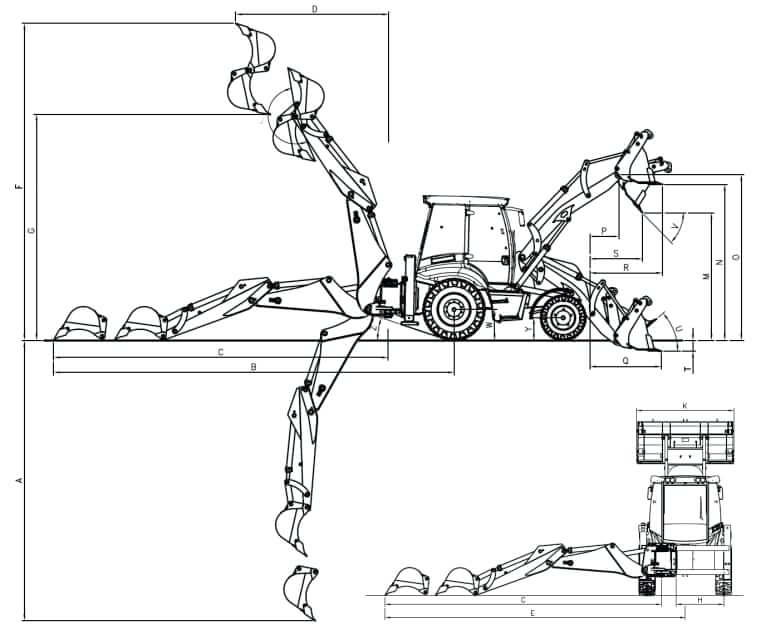 Рабочий диапазон экскаватора-погрузчика Hidromek 102B Maestro