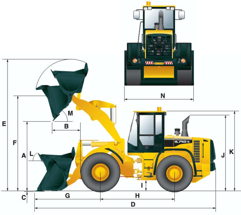Габаритные размеры фронтального погрузчика Hyundai HL740-9