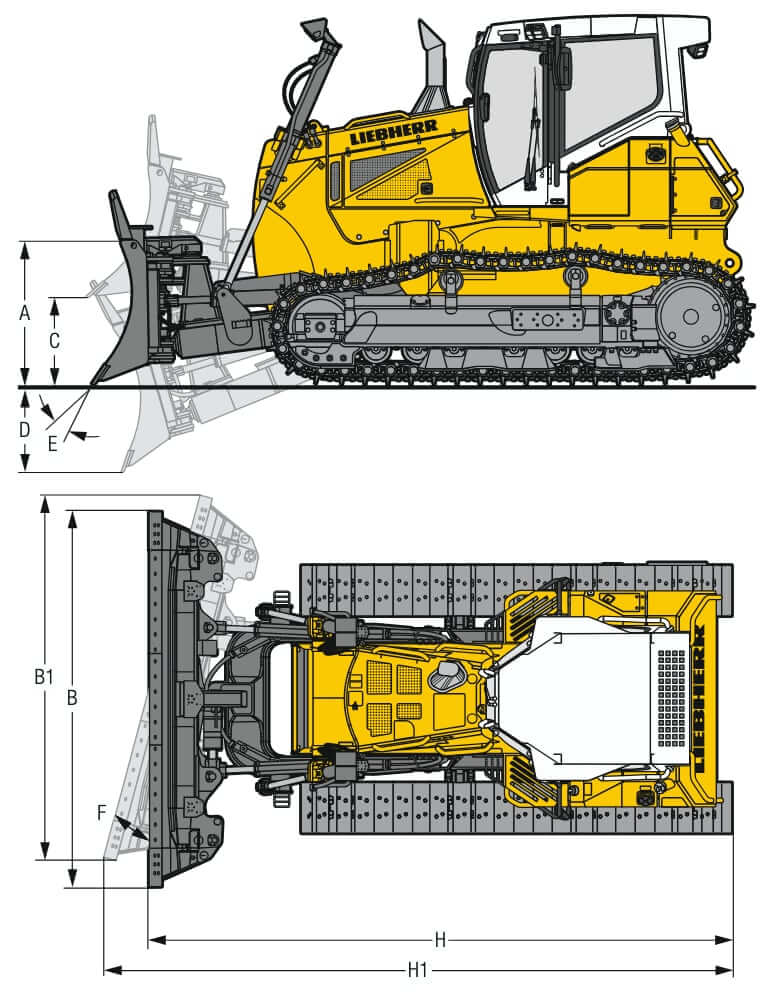 Габариты бульдозера Liebherr PR 736 Litronic с 6-позиционным отвалом